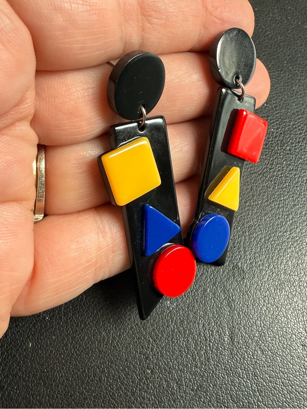 SOLD Vintage 80s 90s Acylic Geometric Color Block Dangle Earrings 2 3/8" Pierced - Picture 5 of 7